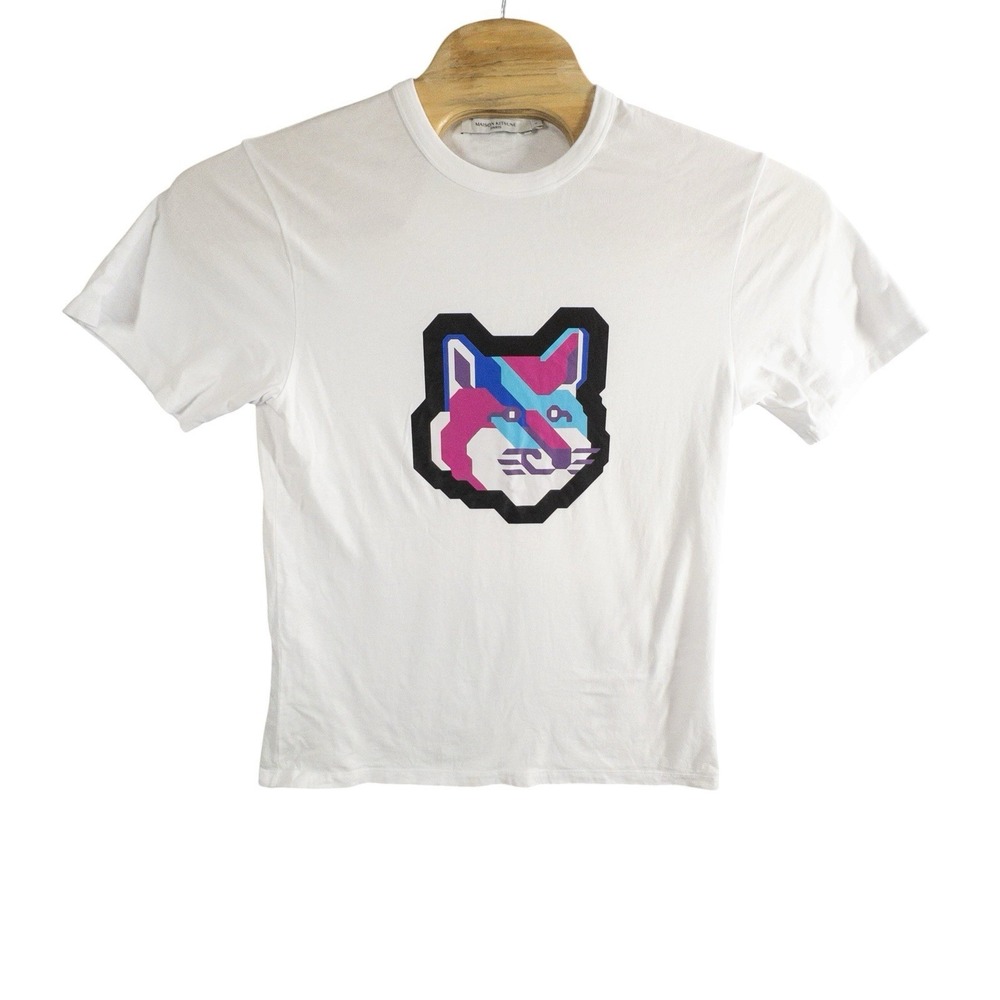 Maison Kitsune Shirt Mens Small White Digital Fox Short Sleeve Casual Designer